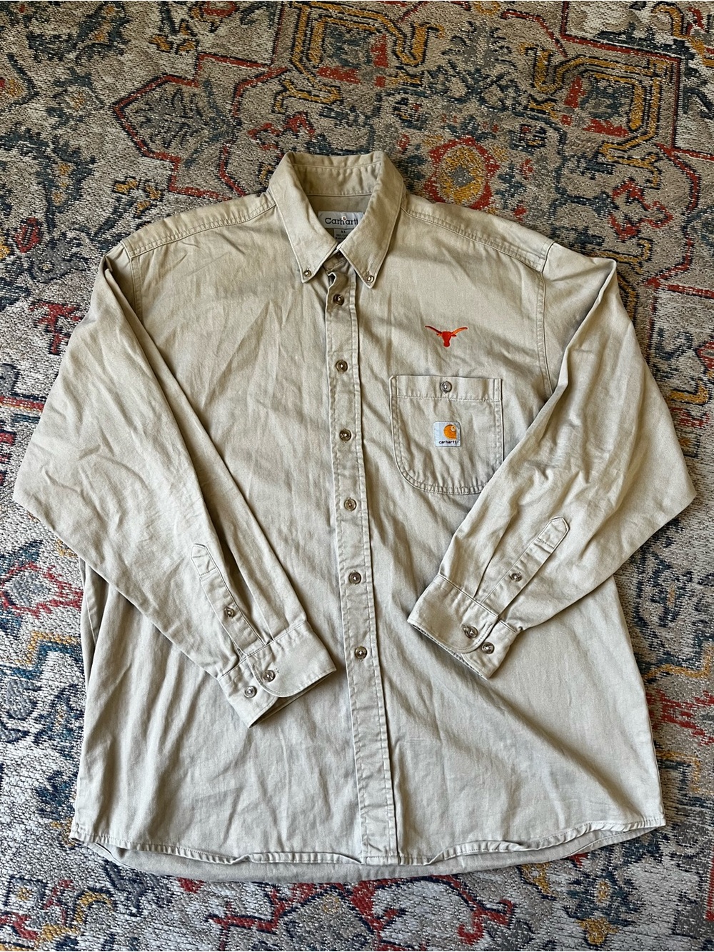 Carhartt Men’s Cream Button-Down Work Shirt with Texas Longhorns Logo Size XL